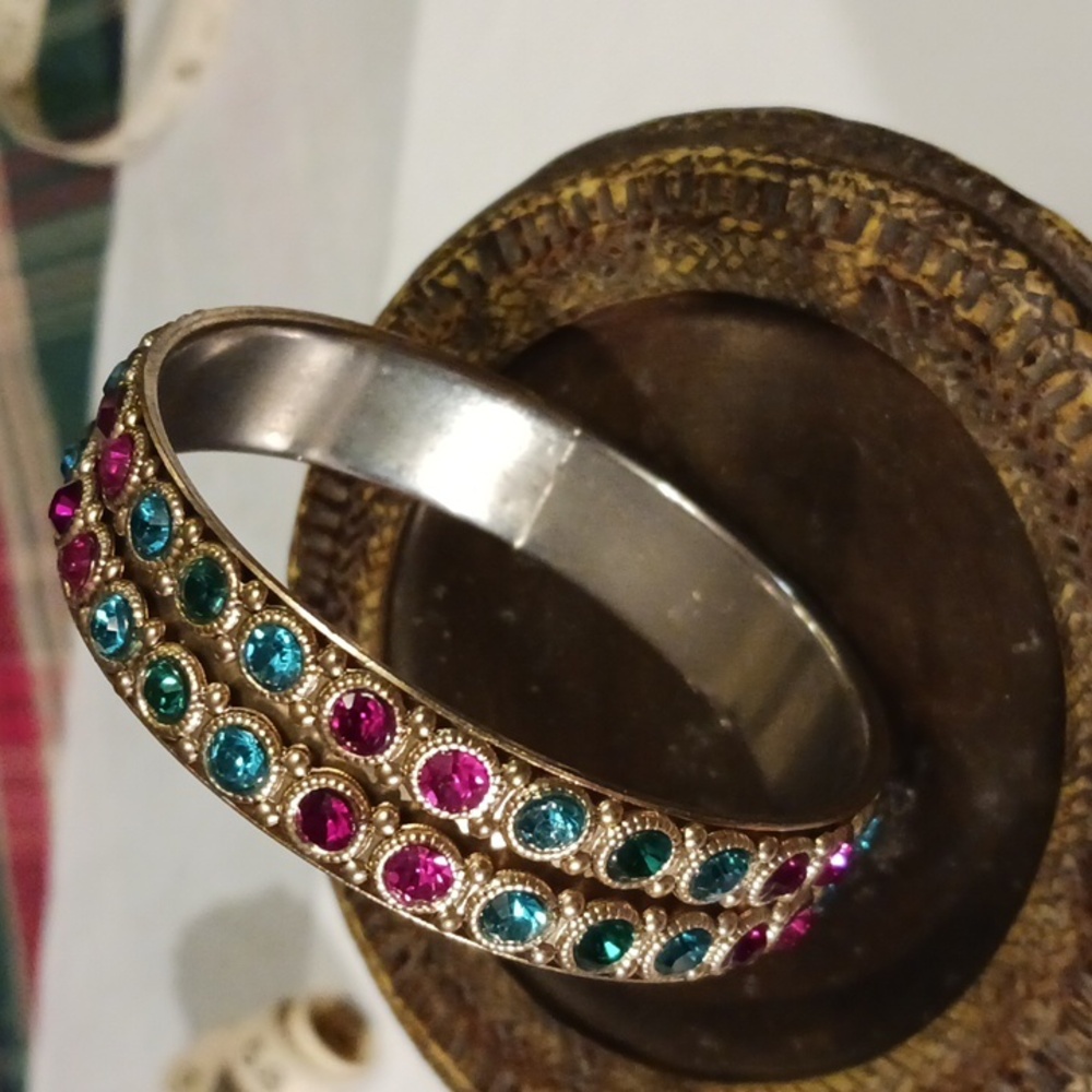 Silver Tone Metal Bangle Bracelet With Rhinestones - Picture 2 of 5